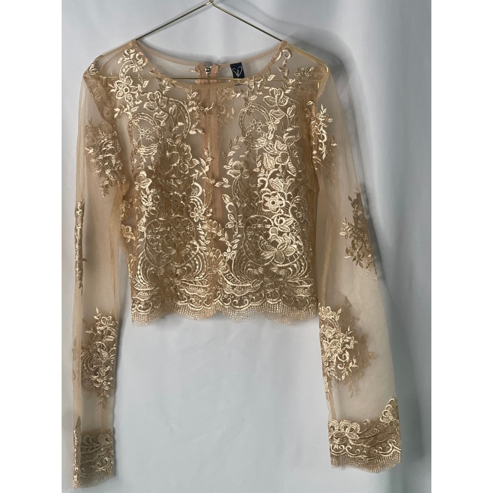 Windsor Women Gold Floral Embroidered Sheer Mesh Crop Top Long Sleeve Large NWT